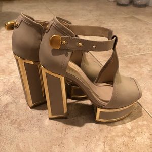 Tan and gold heels